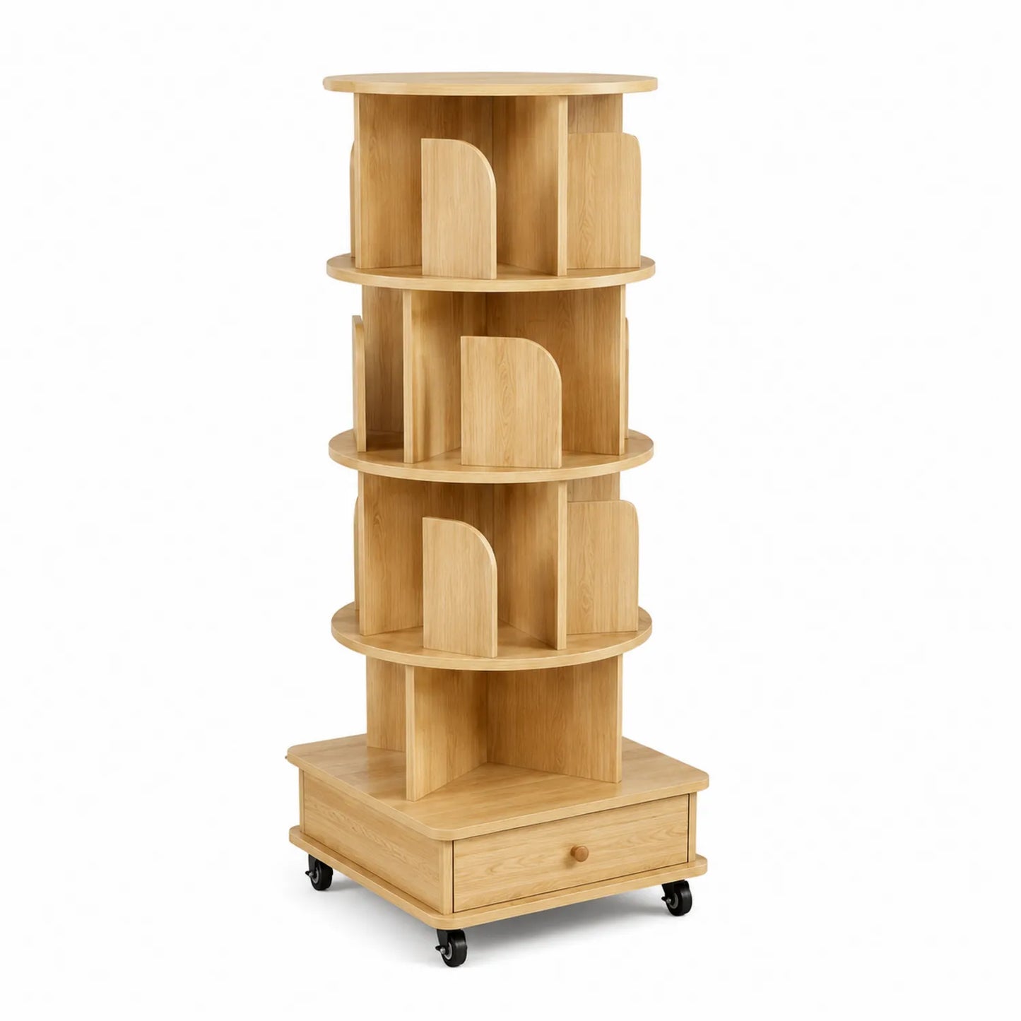 Étagère rotative en bois avec roulettes et tiroir