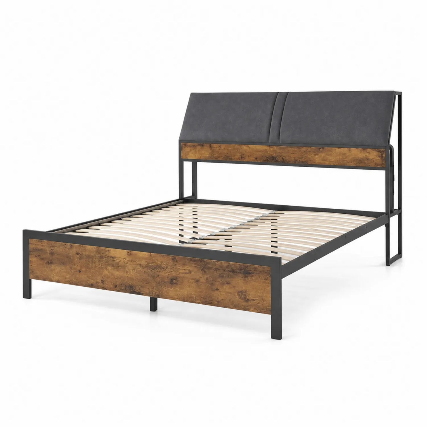 Lit double en métal et bois avec tête de lit en similicuir noir 200x160 cm
