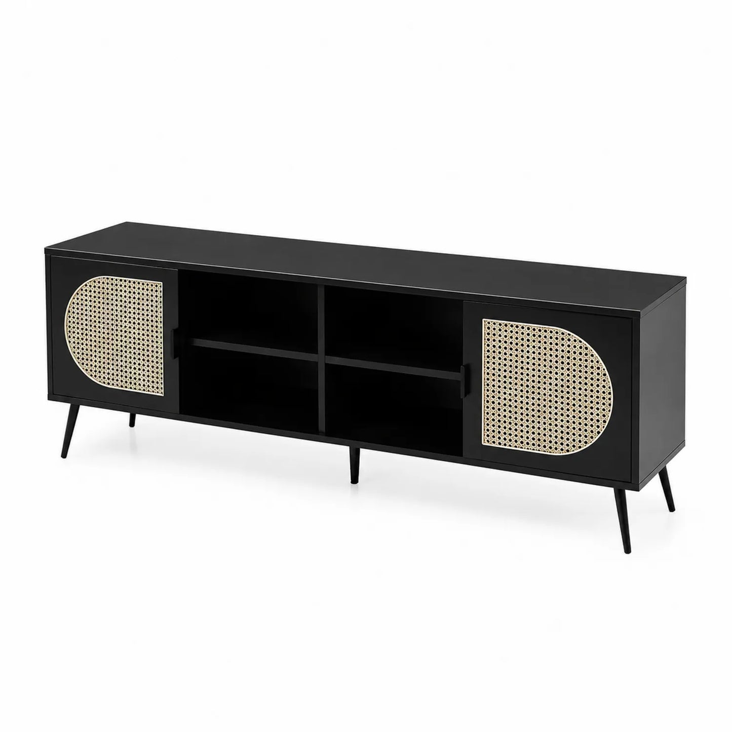 Meuble TV en métal noir avec portes en rotin 160x40x50 cm