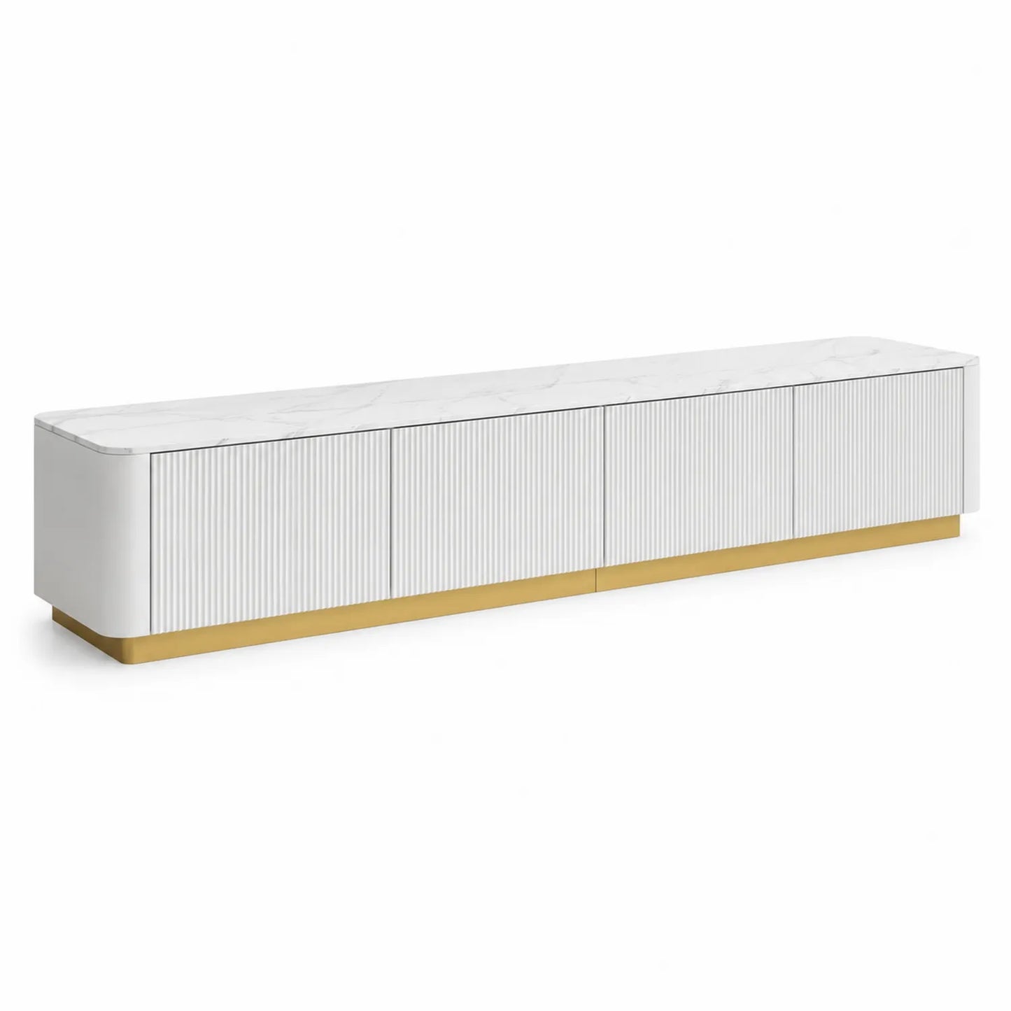 Meuble TV en bois et métal avec plateau en marbre blanc 240 cm