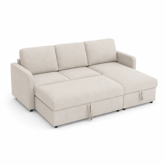 Canapé-lit convertible en tissu beige avec rangement intégré
