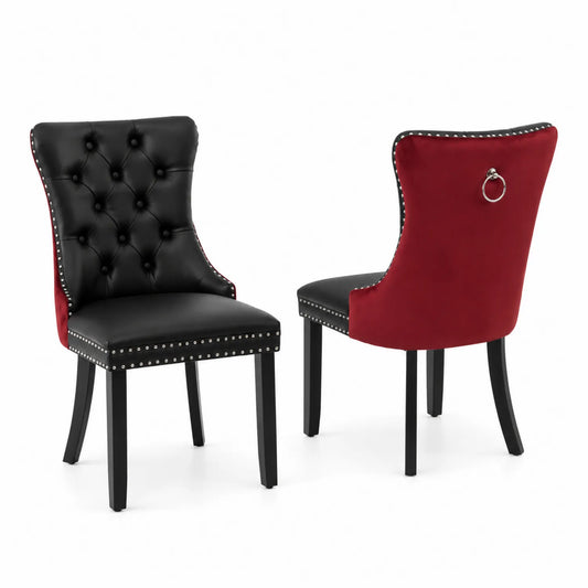 Chaise en cuir et velours avec clous Noir/Rouge, lot de 2