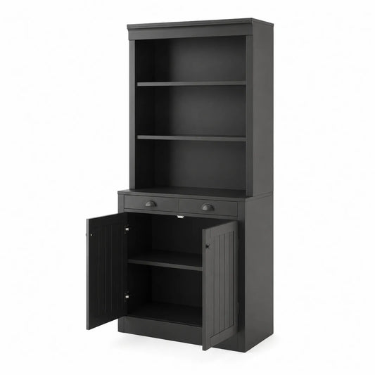 Bibliothèque en Bois Noir avec Étagères et Placards 180x80x40 cm