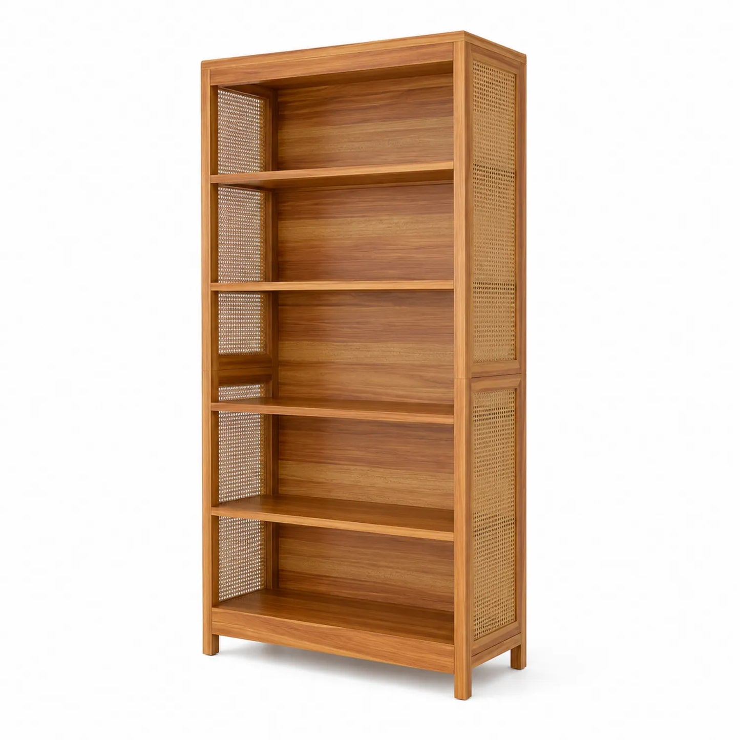 Bibliothèque en bois avec panneaux en rotin