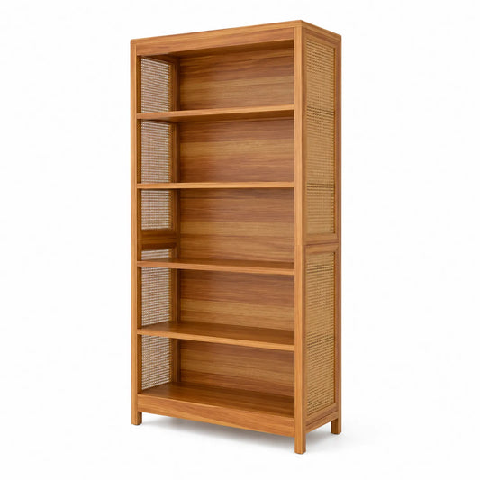 Bibliothèque en bois avec panneaux en rotin