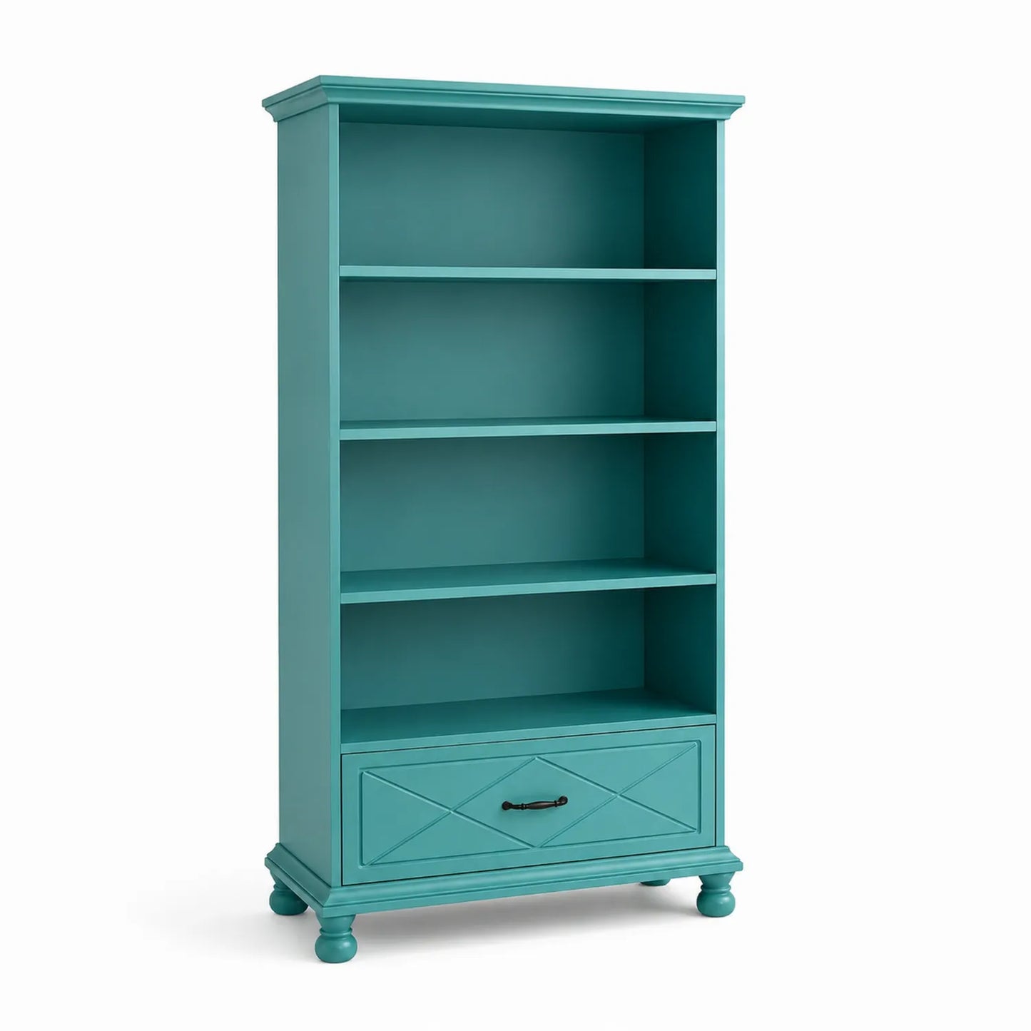 Bibliothèque en Bois avec Étagères et Tiroir Turquoise