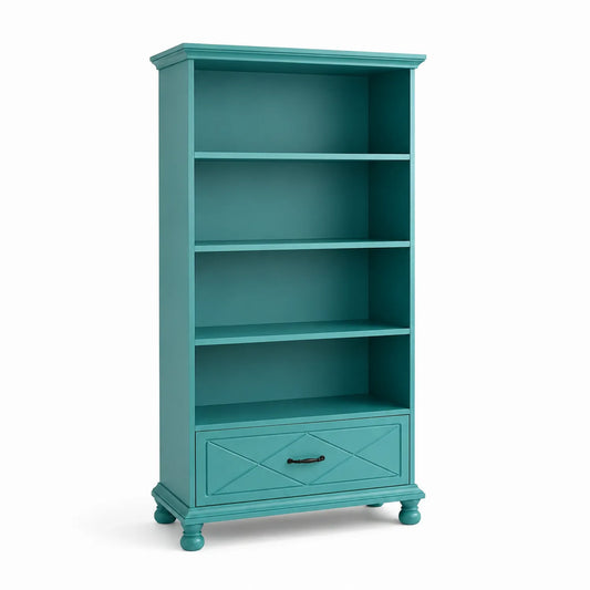 Bibliothèque en Bois avec Étagères et Tiroir Turquoise
