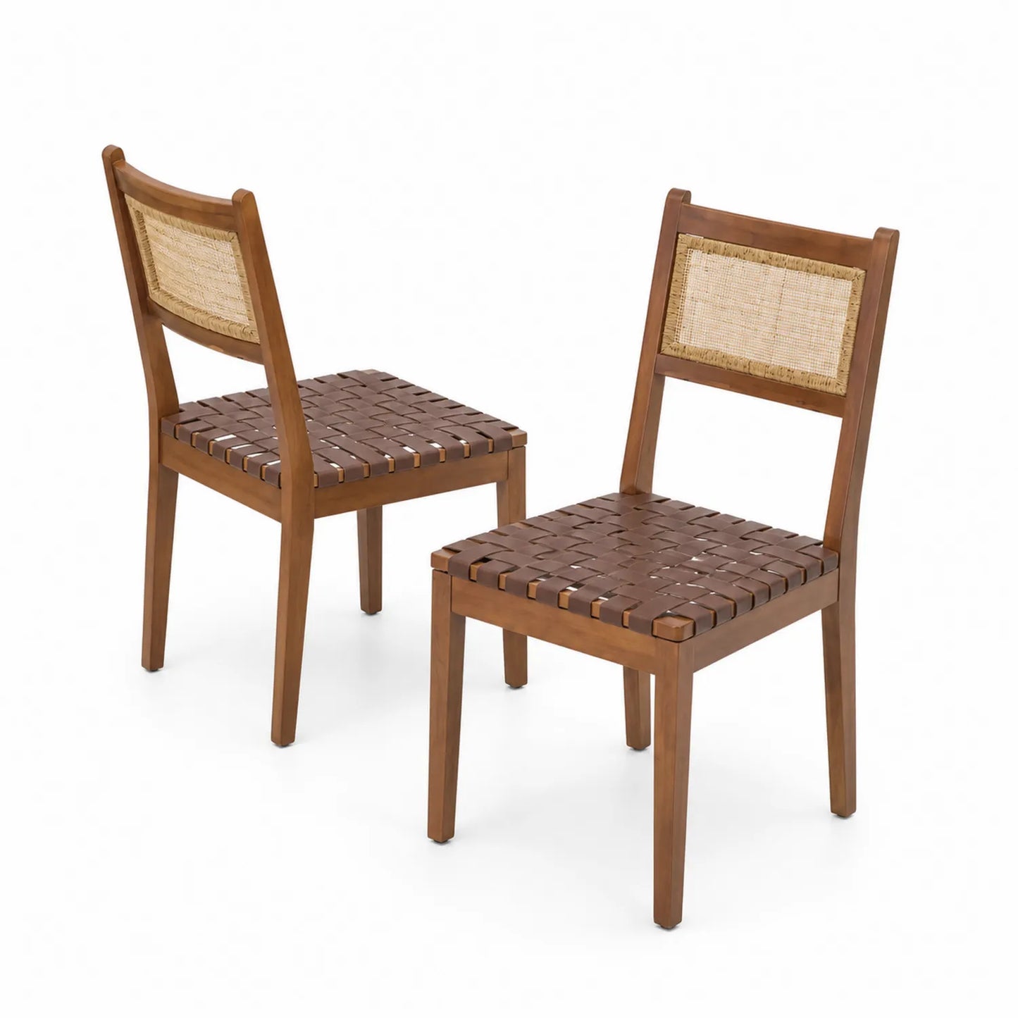 Ensemble de 2 chaises en bois et rotin, assise en cuir synthétique Marron