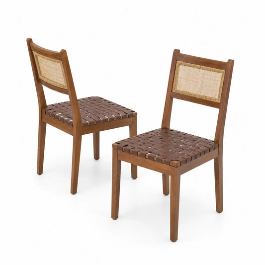 Ensemble de 2 chaises en bois et rotin, assise en cuir synthétique Marron