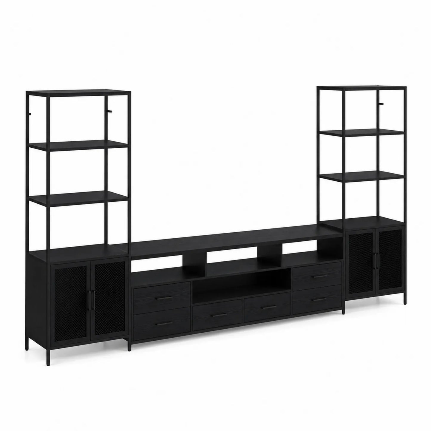 Meuble TV en métal noir avec étagères et rangements