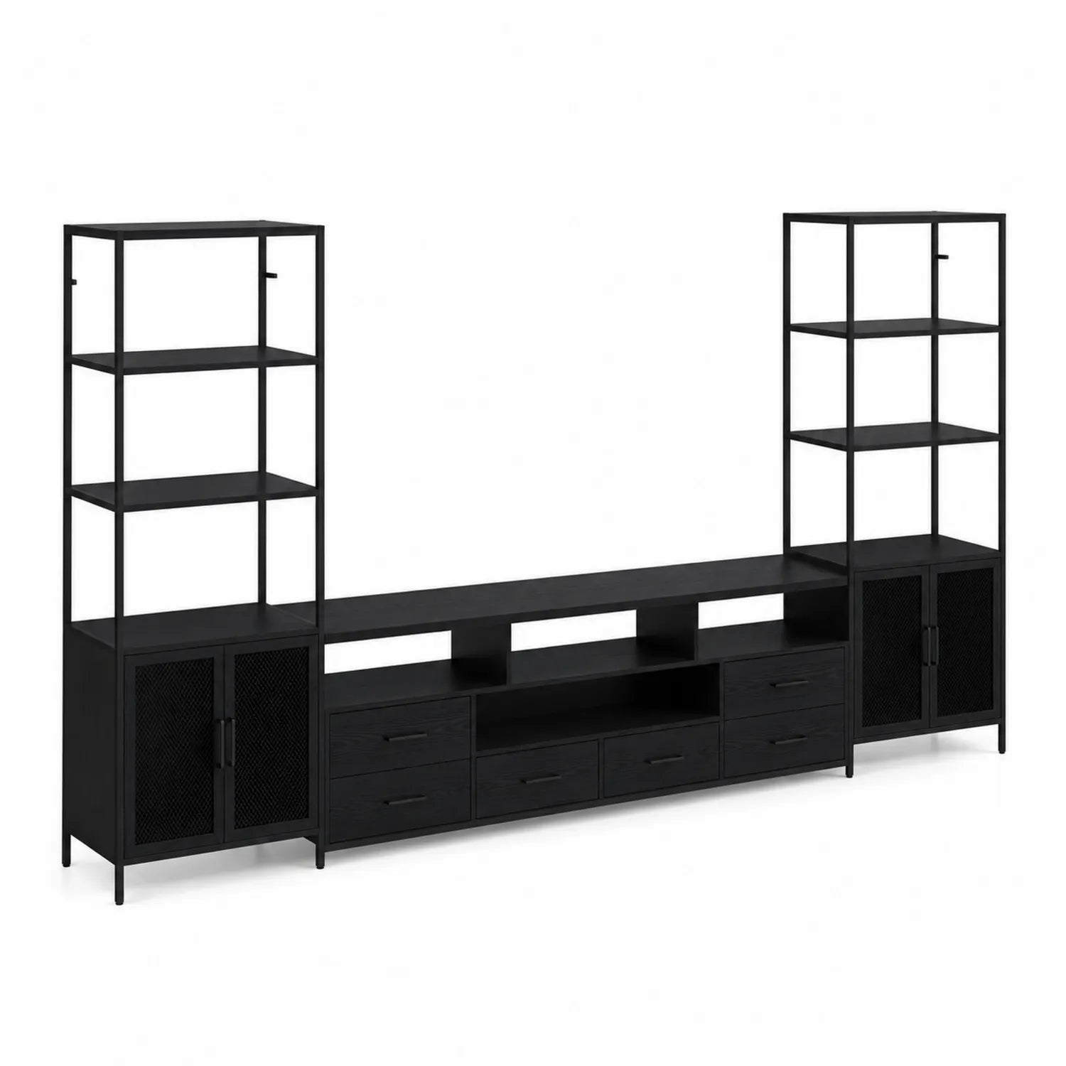 Meuble TV en métal noir avec étagères et rangements