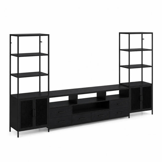 Meuble TV en métal noir avec étagères et rangements