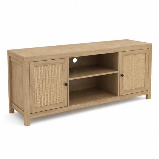 Meuble TV en bois et rotin tressé 120x40x60 cm
